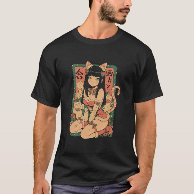 Christmas Cat Girl Anime Waifu Kawaii Japan Holida T-Shirt (Front)