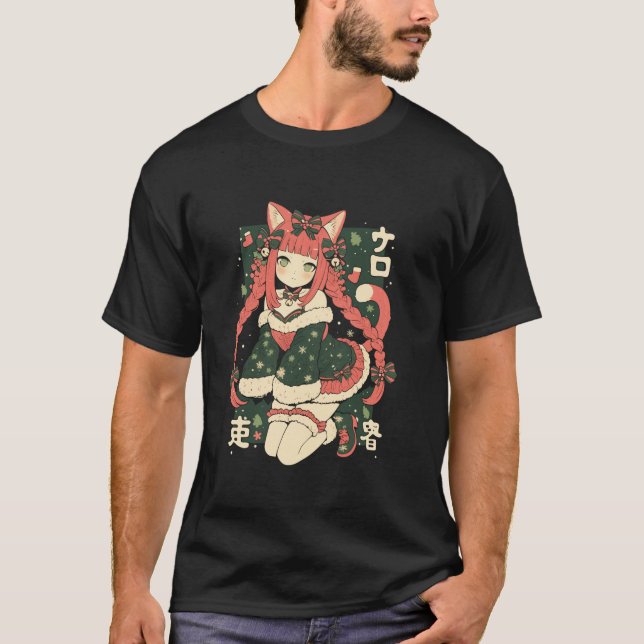 Christmas Cat Girl Anime Waifu Kawaii Japan Holida T-Shirt (Front)