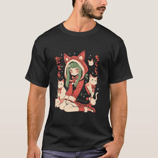 Christmas Cat Girl Anime Waifu Kawaii Japan Holida T-Shirt (Front)