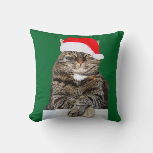 Christmas Cat Humbug Photo with Santa Hat Cushion (Front)