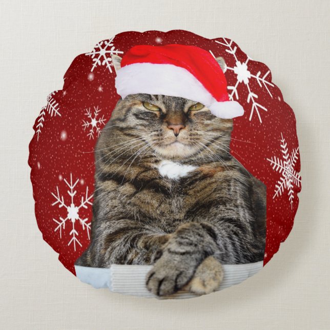 Christmas Cat Humbug Photo with Santa Hat Round Cushion (Front)