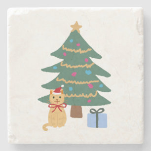 Christmas Cat Illustration Tree Stone Coaster