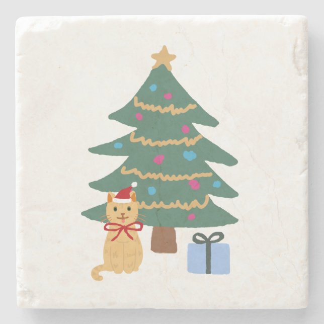 Christmas Cat Illustration Tree Stone Coaster (Front)