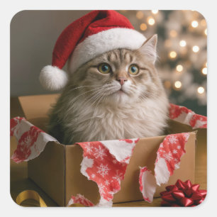 Christmas Cat in a Box Square Sticker