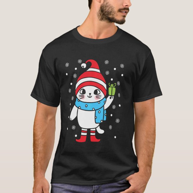 Christmas Cat In A Hat Winter Kittens Lover Xmas H T-Shirt (Front)