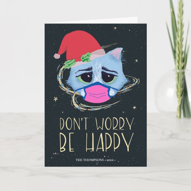 Christmas Cat in Face Mask | Don’t Worry Covid 19 Holiday Card (Front)