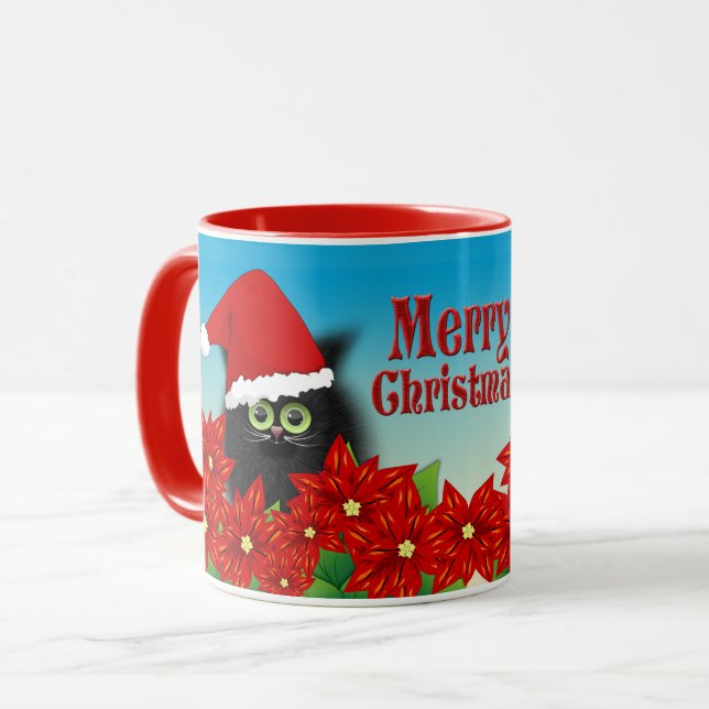 Christmas Cat in Santa Hat Amid Poinsettia Mug (Front Left)