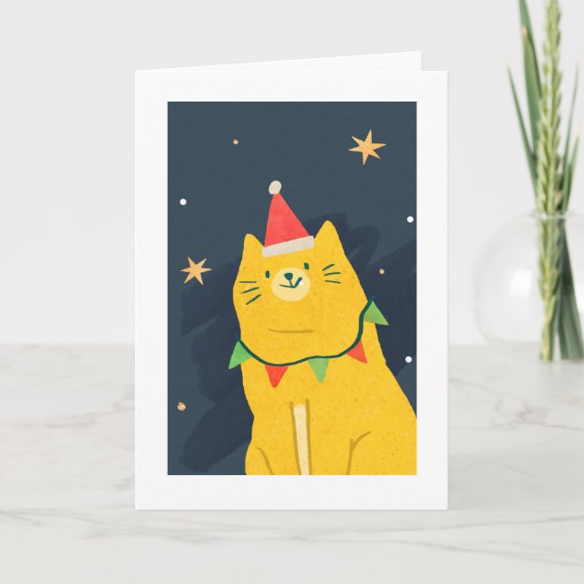 CHRISTMAS CAT IN Santa hat Folded Holiday Card (Front)
