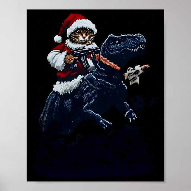 Christmas Cat In Santa Hat Holding A Gun And Dinos Poster (Front)