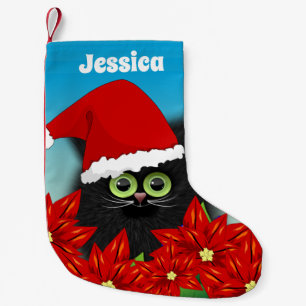 Christmas Cat in Santa Hat Poinsettia Personalised Small Christmas Stocking