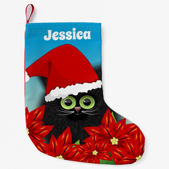 Christmas Cat in Santa Hat Poinsettia Personalised Small Christmas Stocking (Front)