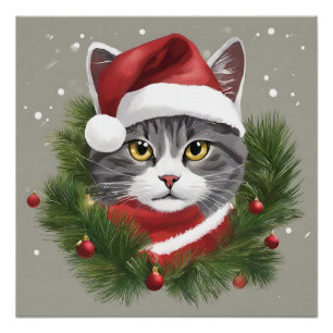 Christmas Cat in Santa Hat Poster