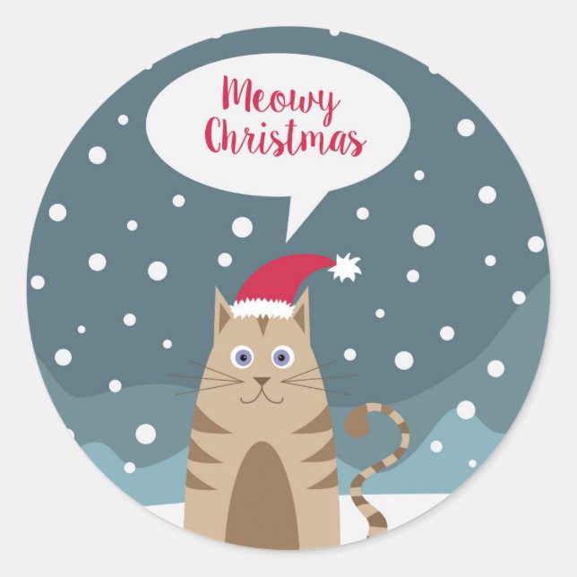 Christmas cat in snowy landscape holiday greetings classic round sticker (Front)
