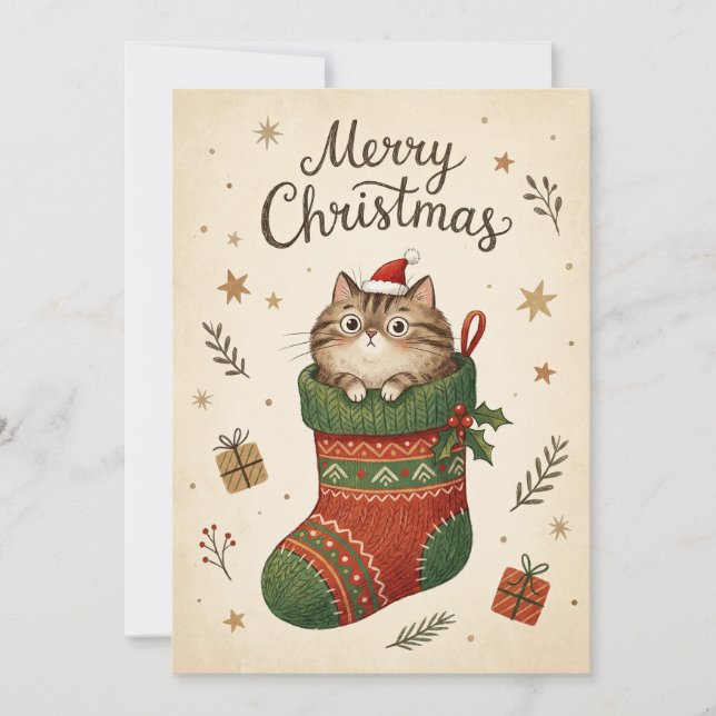 Christmas Cat in Stocking Holiday Card (Front)