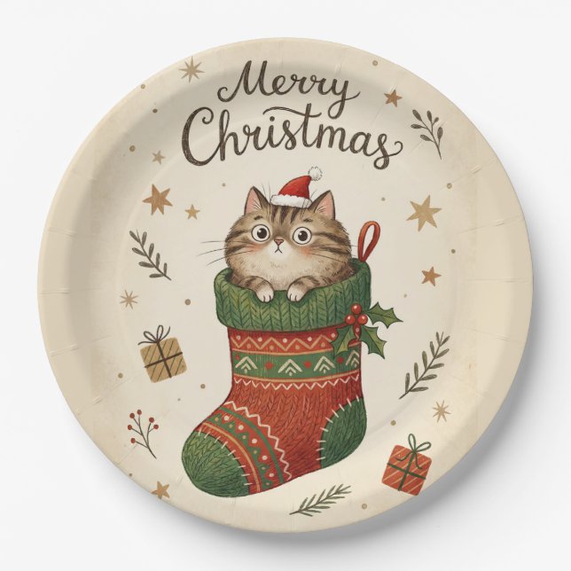 Christmas Cat in Stocking Paper Plate (Front)