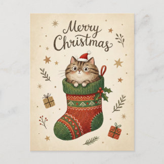Christmas Cat in Stocking Postcard