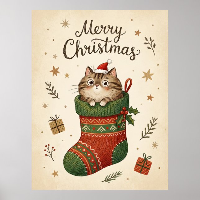 Christmas Cat in Stocking Poster (Front)
