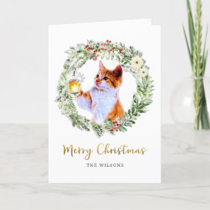 Christmas Cat in Wreath with lantern Holiday Card