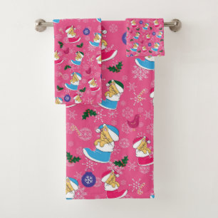 Christmas cat is sleeping,snowflakes bath towel set