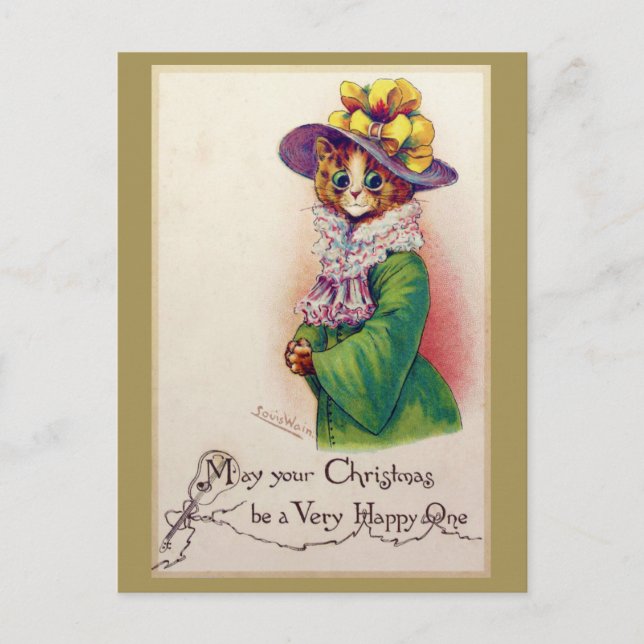 Christmas Cat Lady, Louis Wain Postcard (Front)