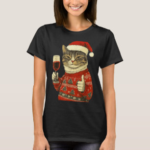 Christmas Cat Likes Cute Cat Drinking Wine With Sa T-Shirt