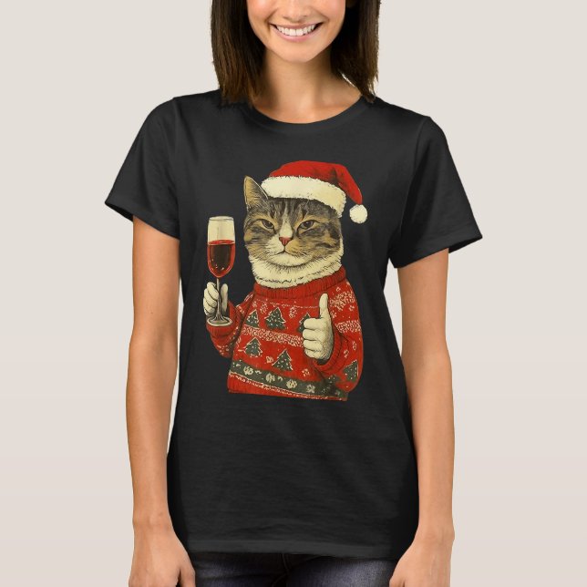 Christmas Cat Likes Cute Cat Drinking Wine With Sa T-Shirt (Front)