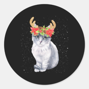 Christmas Cat Lover Shirt Cat With Deer Antlers Classic Round Sticker