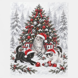 Christmas Cat Mischief Watercolor Fleece Blanket