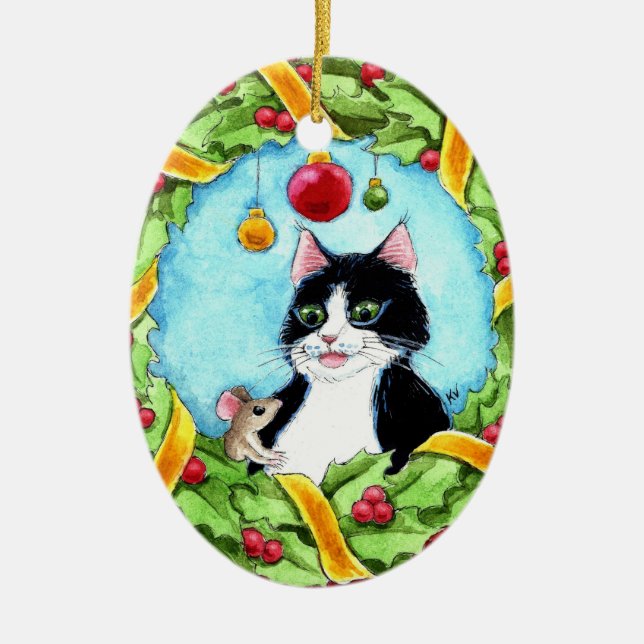Christmas Cat, mouse, wreath ornament (Front)