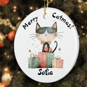 Christmas Cat Mum Holiday name black  Ceramic Tree Decoration