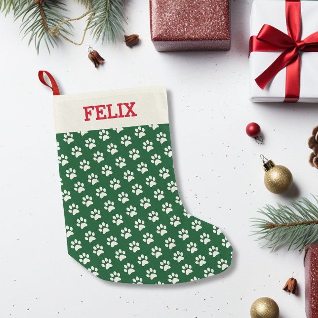Christmas Cat Name Green Paw Print Personalised Small Christmas Stocking (Creator Uploaded)
