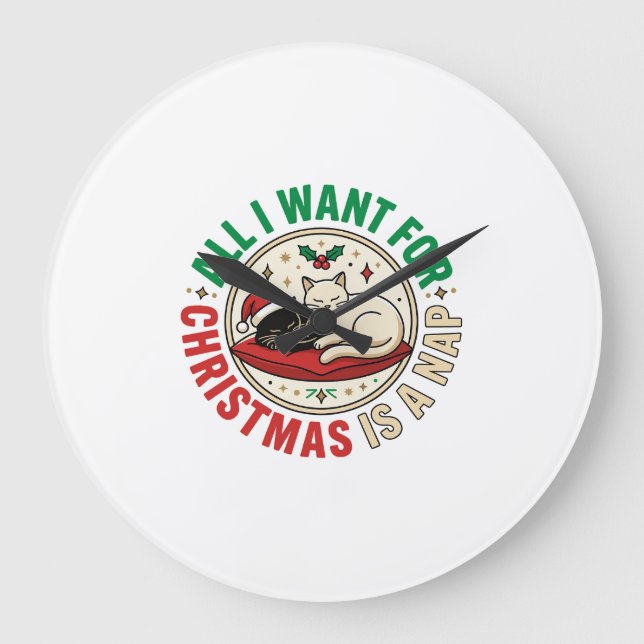Christmas Cat Nap Holiday Design Large Clock (Front)