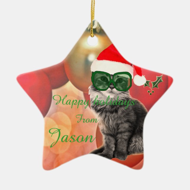 Christmas Cat on a christmas ball background Ceramic Tree Decoration (Front)