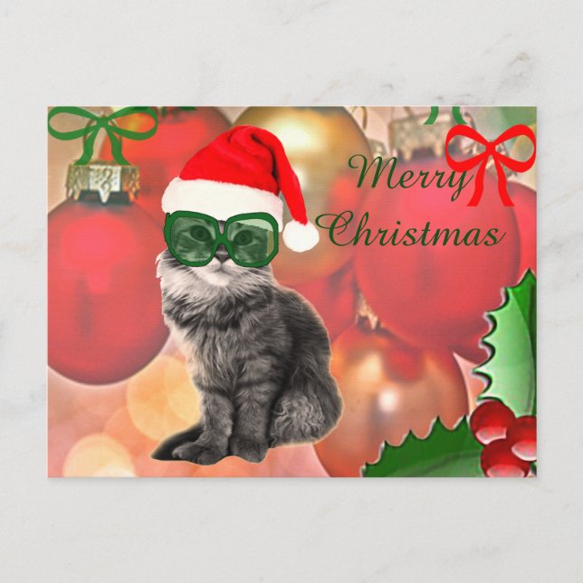 Christmas Cat on a christmas ball background Holiday Postcard (Front)