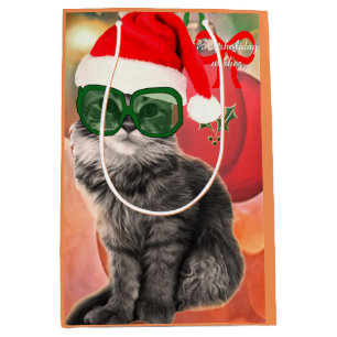 Christmas Cat on a christmas ball background Medium Gift Bag