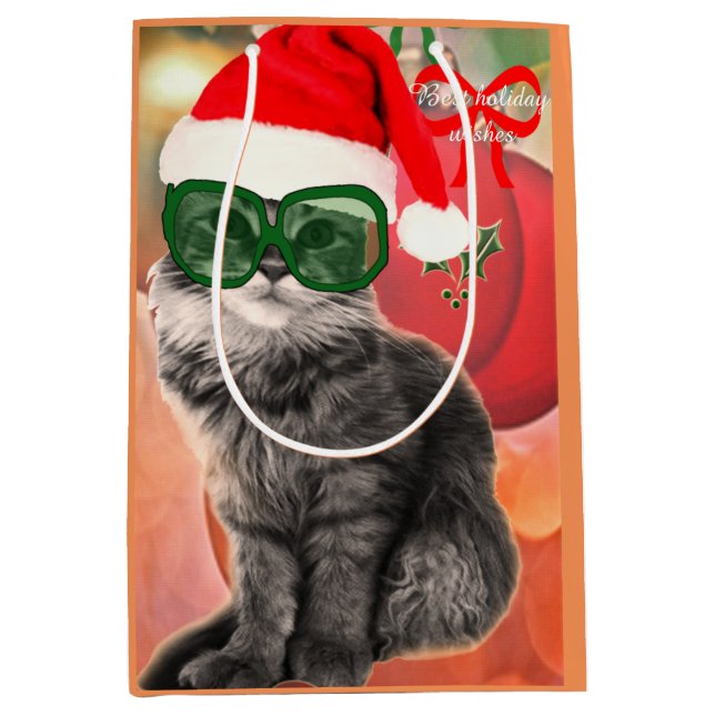 Christmas Cat on a christmas ball background Medium Gift Bag (Front)