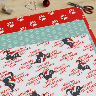 Christmas Cat Pattern Red and Green Paw Print Wrapping Paper Sheet