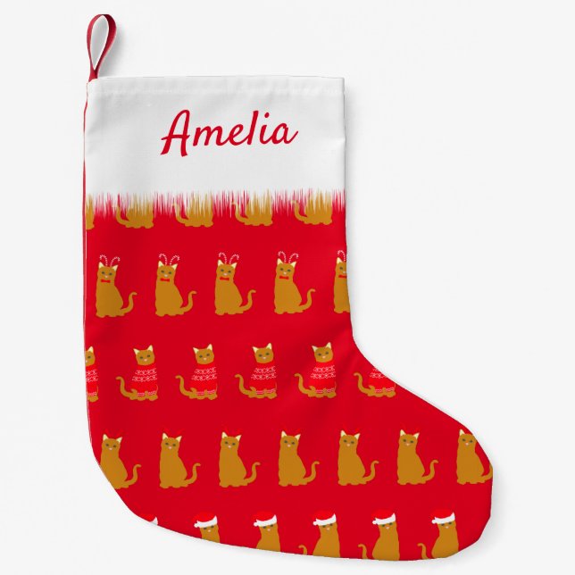 Christmas Cat Patterned Cute Red Small Christmas Stocking (Front)