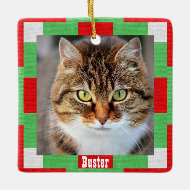 Christmas Cat Pet Photo Name Red Green Ceramic Ornament (Front)