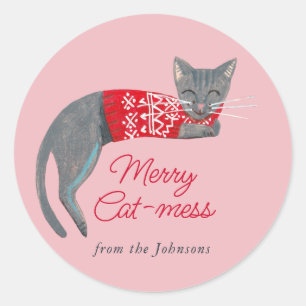 Christmas Cat pink Holiday Classic Round Sticker