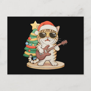 Christmas Cat Playing Guitar Rock Jazz Xmas Hat Holiday Postcard