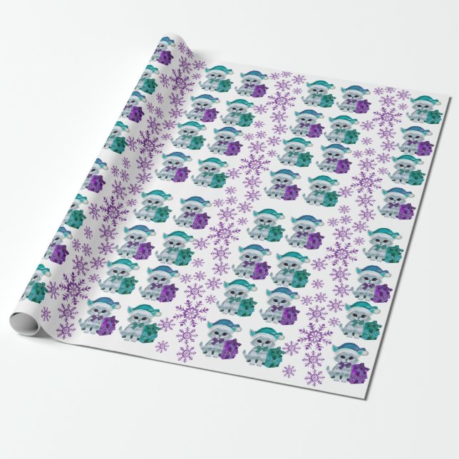 Christmas cat purple-teal wrapping paper  (Unrolled)