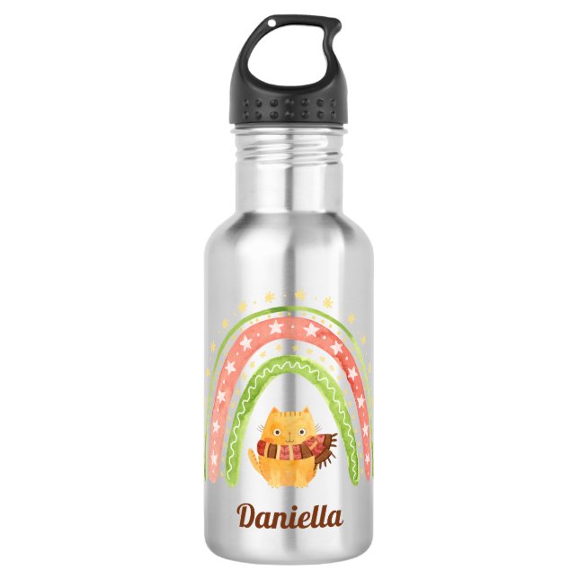 Christmas Cat & Rainbow Personalised Water Bottle (Front)