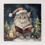Christmas Cat Reading Vintage Card Jigsaw Puzzle<br><div class="desc">A decorated Christmas tree with a Christmas cat reading with a candle light. Romantic vintage holiday card</div>