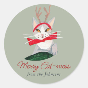 Christmas Cat reindeer Holiday Classic Round Sticker