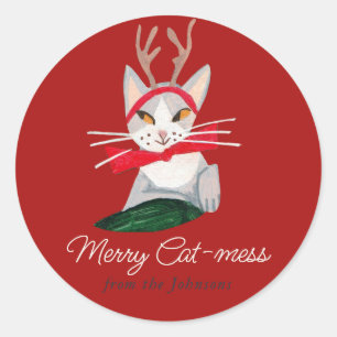 Christmas Cat reindeer Holiday Red Classic Round Sticker