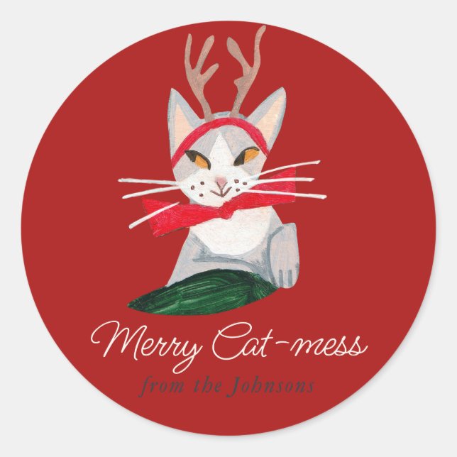Christmas Cat reindeer Holiday Red Classic Round Sticker (Front)