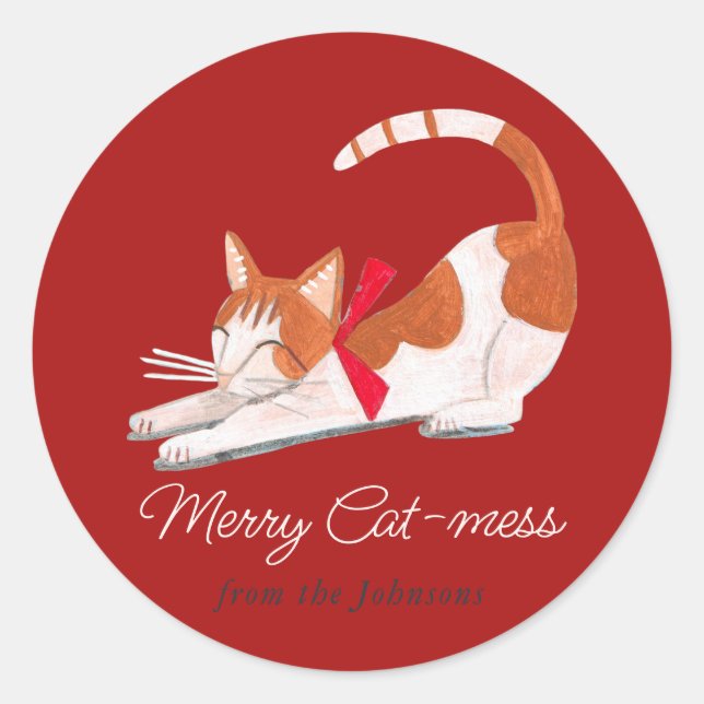 Christmas Cat reindeer red Holiday  Classic Round Sticker (Front)