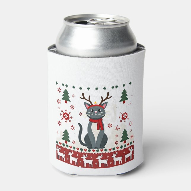 Christmas Cat Reindeer Ugly Christmas Sweater T-Sh Can Cooler (Can Front)