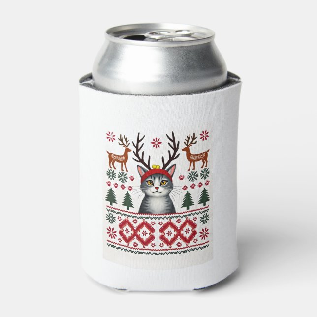 Christmas Cat Reindeer Ugly Christmas Sweater T-Sh Can Cooler (Can Front)
